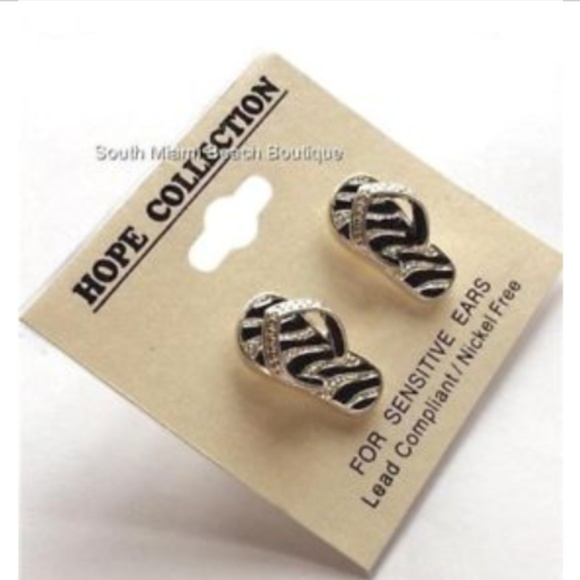 Silver Flip Flop Earrings Hypoallergenic Posts Black Enamel Beach Island Plated - Picture 4 of 8